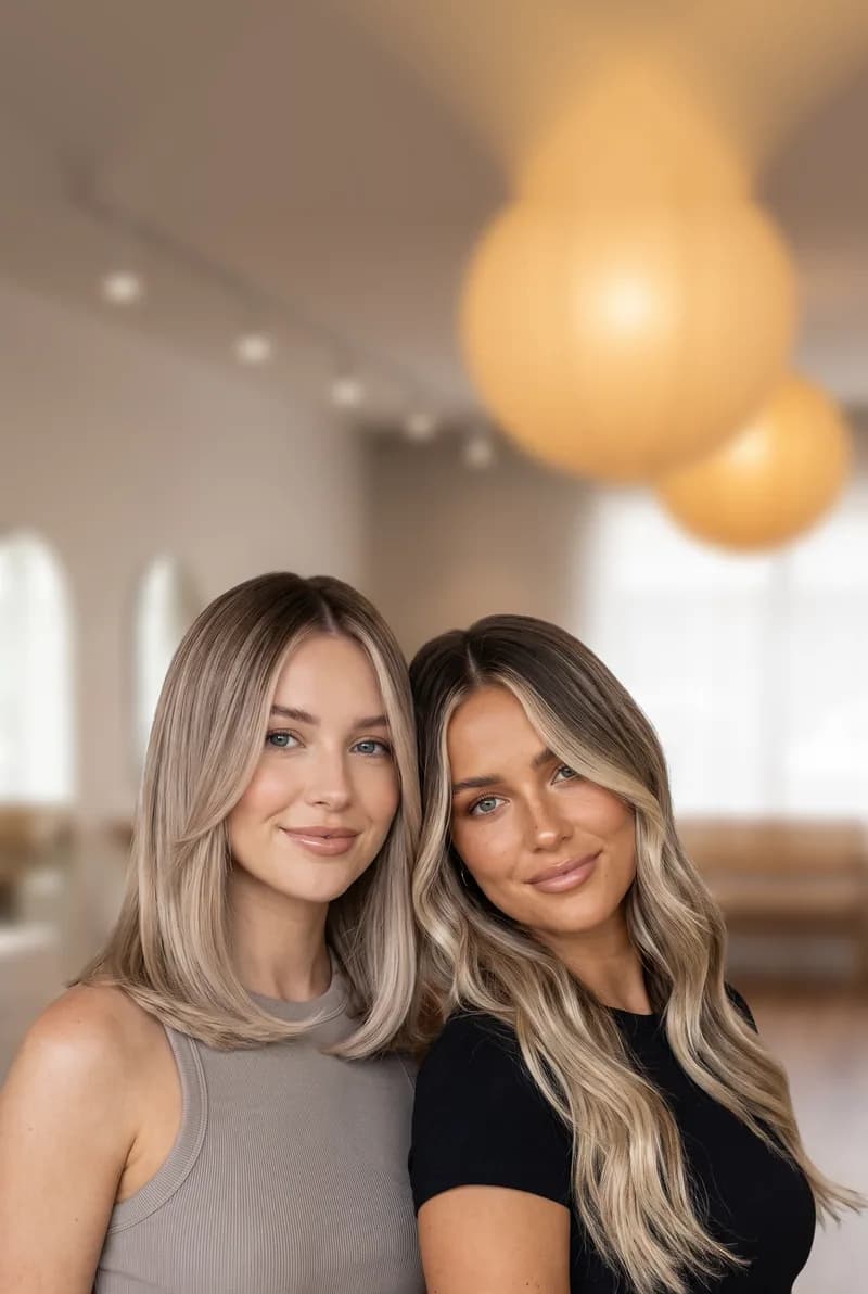 Two friends in a hair salon, one with a cool beige blonde long bob, one with long, high-contrast balayage waves